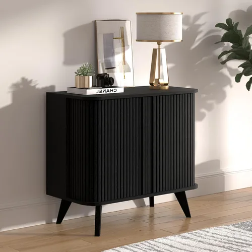 Armario estriado de 27 pulgadas con puertas correderas, armario de almacenamiento moderno con patas para sala de estar o entrada, color negro