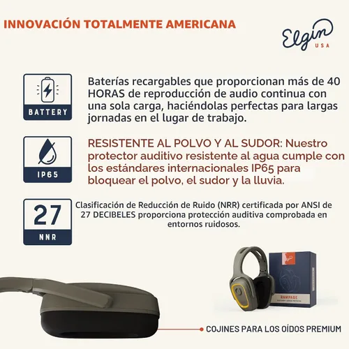Miniatura 3 de Elgin Rampage - Auriculares Bluetooth de protección auditiva, compatibles con OSHA, 25 dB NRR, micrófono de aislamiento de ruido, batería de más
