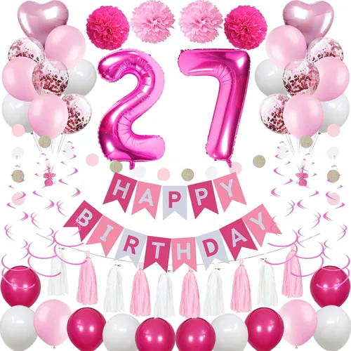Miniatura 9 de Decoraciones de 4º cumpleaños para niñas, globos de feliz cumpleaños rosa y blanco con el número 4, suministros para fiesta de cumpleaños