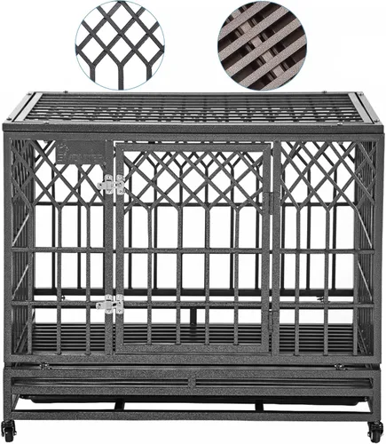 SMONTER - Jaula resistente para perros, para perros grandes, caseta de metal fuerte y jaula, corralito con tres puertas, cuatro ruedas, 38 pulgadas,