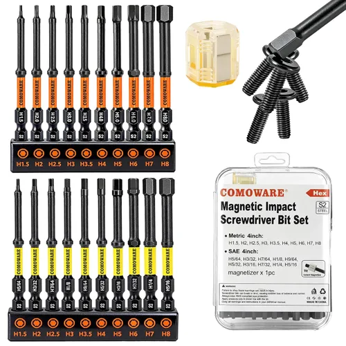 COMOWARE Juego de 20 brocas de llave Allen métricas y SAE, juego de brocas hexagonales de acero S2 de 1/4 pulgadas, puntas de destornillador CNC,