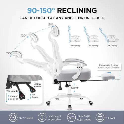 Miniatura 6 de Silla de oficina ergonómica con reposapiés, silla de escritorio reclinable ultra gruesa con soporte lumbar ajustable 2D y reposacabezas, cojín
