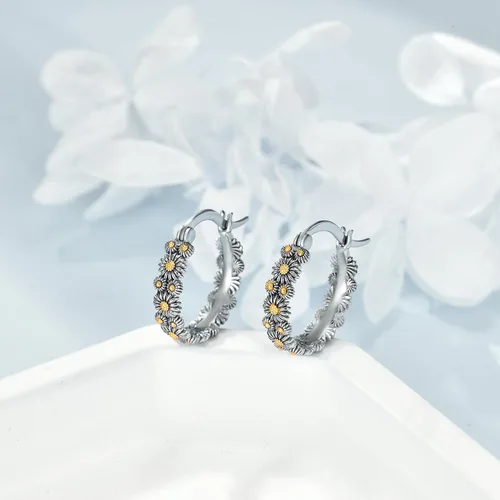 Miniatura 4 de POPLYKE Aretes de plata de ley con diseño de flores, pequeños aretes tipo huggie, regalo de joyería para mujer