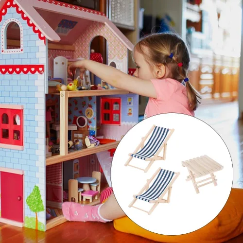 Miniatura 6 de Paquete de 3 sillas y mesa de playa en miniatura, juego de muebles de playa en miniatura a escala 1:12, sillas de playa pequeñas para decoración