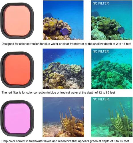 Miniatura 5 de SOONSUN Paquete de 3 filtros de buceo para GoPro Hero 8, 9, 10, 11, carcasa impermeable oficial, color rojo, rojo claro, filtros magenta, mejora