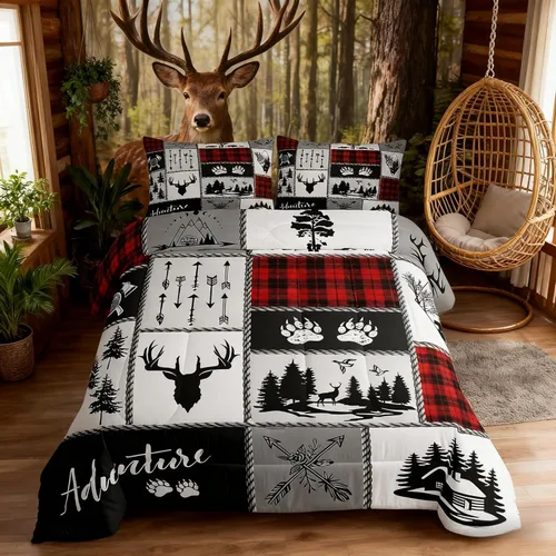 Miniatura 209 de Juego de edredón de cuernos de ciervo tamaño individual, juego de ropa de cama rústica de granja con huellas de oso y pinos para decoración