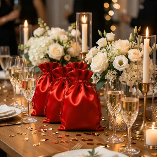 Miniatura 3 de Bolsas de regalo de satén rojo de 4 x 6 pulgadas, joyas, bolsas de cordón para regalos de boda para baby shower, Navidad, paquete de 50 Rojo - 4 x 6