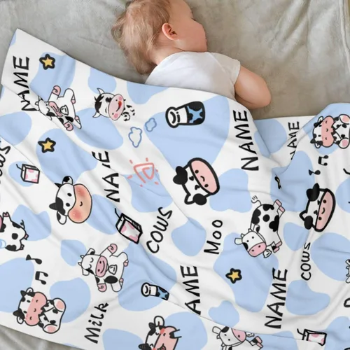 Miniatura 3 de Manta personalizada con estampado de vaca con nombre, texto personalizado, manta de vaca suave, cálida y acogedora manta de franela con estampado