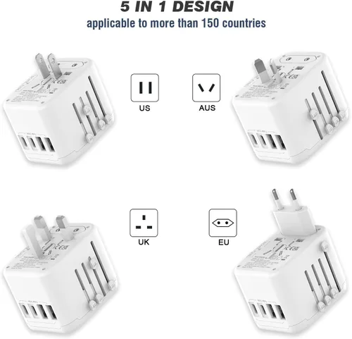 Miniatura 3 de VYLEE Adaptador de enchufe de viaje universal internacional, adaptador de enchufe de viaje europeo 5 en 1 con 3.5A, 2xUSB-A y 2xUSB C cargador