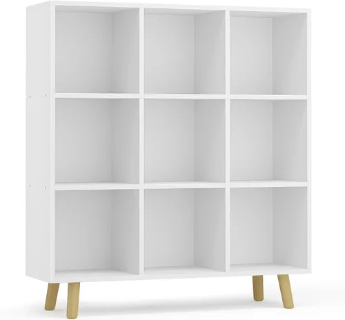 Miniatura 16 de Estantería abierta de 6 cubos, estantería de madera de 3 niveles con patas y panel posterior, ideal para contenedores de almacenamiento de tela