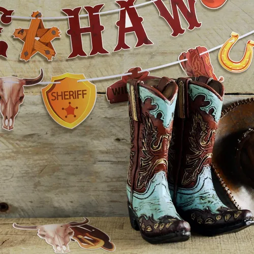Miniatura 6 de Sinmoe 5 unidades de decoraciones de fiesta occidental de Yee Haw vaquero banderines del salvaje oeste banderín banderines colgantes para vaquero