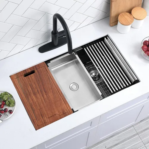 Miniatura 8 de Scamall - Fregadero de cocina doble de 32 pulgadas de montaje bajo encimera color negro, 32 x 19 x 10 pulgadas, acero inoxidable 304 calibre 16
