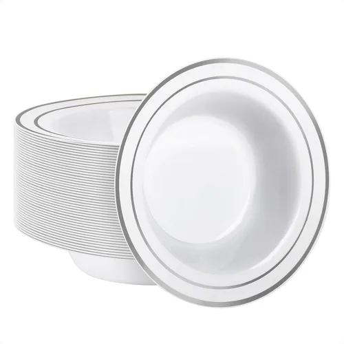 Goodluck Paquete de 50 cuencos de plástico con borde plateado, cuencos de sopa desechables de 12 onzas para bodas, fiestas, cenas, catering y uso