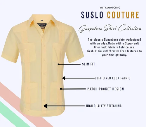 Miniatura 3 de Suslo Couture Guayabera de manga corta para hombre con botones de lino