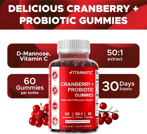 Miniatura 3 de Vitamatic Paquete de 2 Gomitas Veganas de Arándano Rojo con D-Manosa, Probiótico y Vitamina C para la Salud del Tracto Urinario Femenino