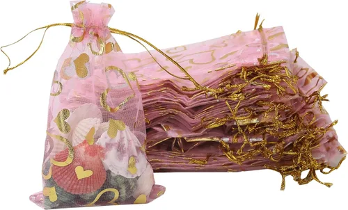 Stratalife - Bolsas de organza 4 x 6 pulgadas rosas pequeñas con malla y cordón, bolsas de joyería con estampado de corazón, bolsas de regalo para