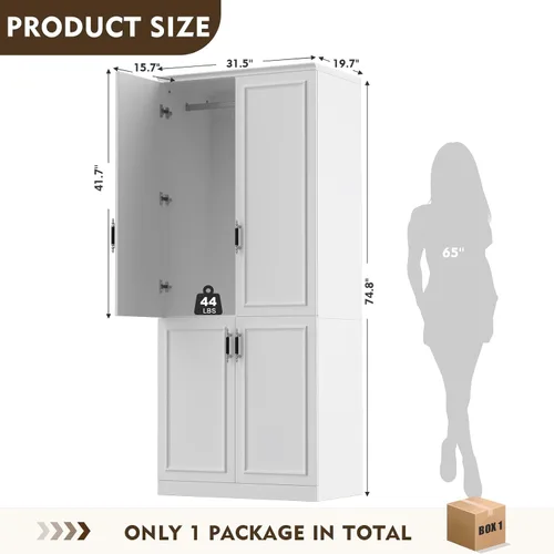 Miniatura 2 de MEISSALIVVE Armario clóset con 4 puertas, gabinete de armario grande de 74.8" con barra para colgar, armario de dormitorio moderno independiente