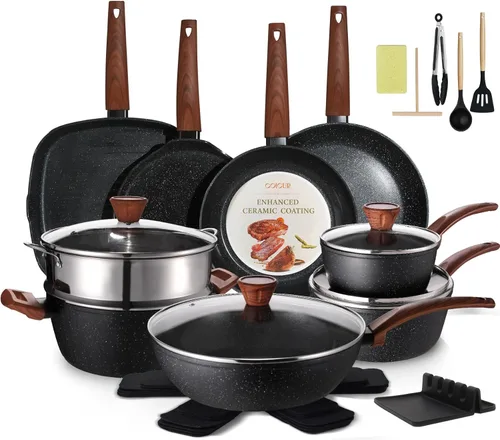 26 piezas de ollas y sartenes de cerámica antiadherentes, juego de utensilios de cocina no tóxico compatible con inducción con vaporeras, sin