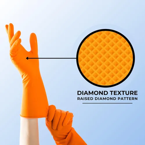 Miniatura 4 de HandCare - Guantes desechables de nitrilo naranja de 8 mil, sin látex, agarre texturizado de diamante para uso mecánico, trabajo y limpieza