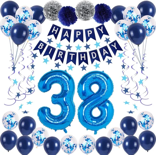 Miniatura 16 de Decoraciones de fiesta de cumpleaños azul número 12 para niños y niñas, suministros de globos de feliz cumpleaños 12 con pancarta de feliz Azul-a-31