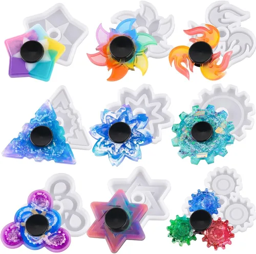NiArt Juego de Spinner de Dedo Manual DIY Kit de Molde de Resina de Epoxy de Silicona 9 Moldes con 10 Rodamientos, Juego de Juguete de Mano para