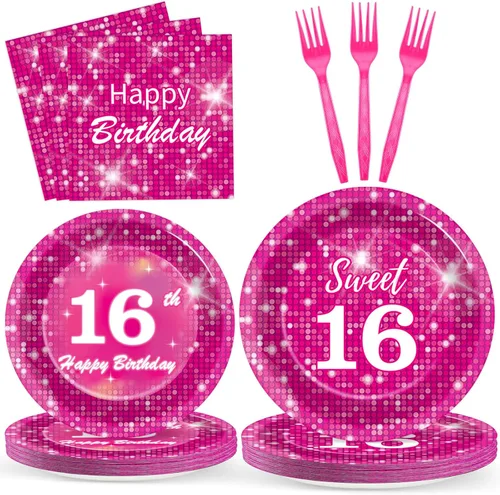 Miniatura 17 de 96 piezas de suministros de primera fiesta para niña, platos de papel rosa de un año, decoración de primer cumpleaños, color rosa, desechable, juego