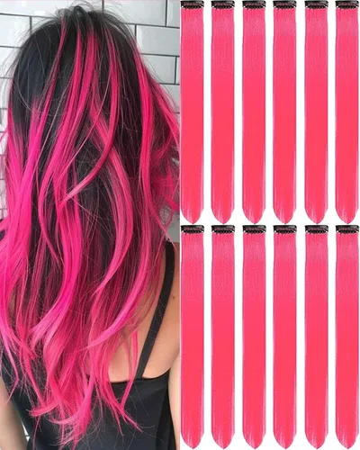 Miniatura 18 de 12 extensiones de cabello negro con clip, extensiones de cabello de color de 22 pulgadas, extensiones de cabello sintético largo y lacio para mujer