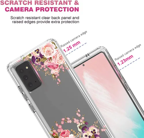 Miniatura 2 de Funda para Galaxy Note 20 5G, SM-N981U con protector de pantalla de vidrio templado, carcasa de cuerpo completo con diseño floral transparente
