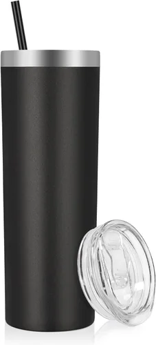 VEGOND - Vaso delgado de acero inoxidable de 20 oz con aislamiento al vacío con tapa y pajita, taza de café de doble pared, taza de viaje para