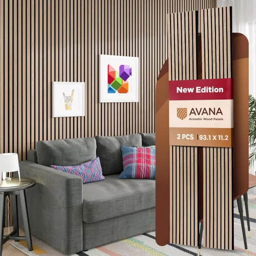 Miniatura 30 de Avana Paneles de pared de madera acústica de 94.4 x 12.6 pulgadas, 2 piezas de paneles acústicos de roble negro, paneles de pared para decoración