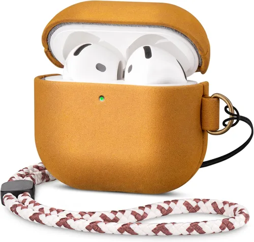 Miniatura 25 de Maogoam Funda de cuero genuino para AirPods Pro 2, botón de sincronización, diseño de clip en D con cordón de mano, funda de cuero encerado