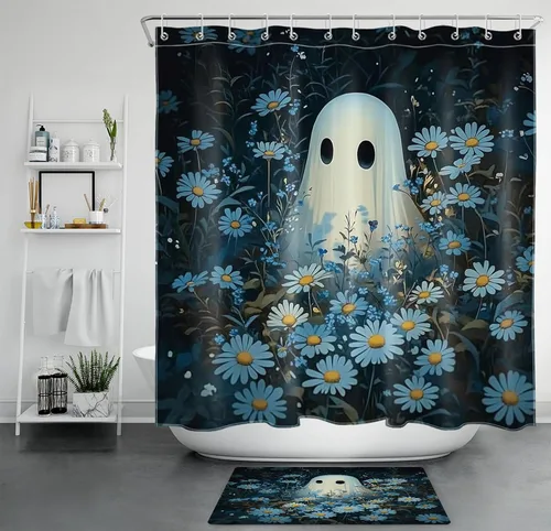 Miniatura 56 de HVEST Cortina de ducha con ganchos, calabaza espeluznante y fantasma con sombrero de bruja negro, juego de cortina de ducha naranja con flores