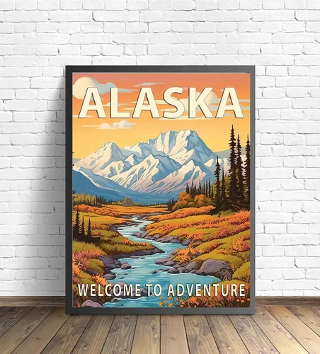 Miniatura 4 de Póster artístico de Alaska, decoración artística de paisaje retro de Estados Unidos, pintura de montaña y paisaje de aventura para dormitorio, sala