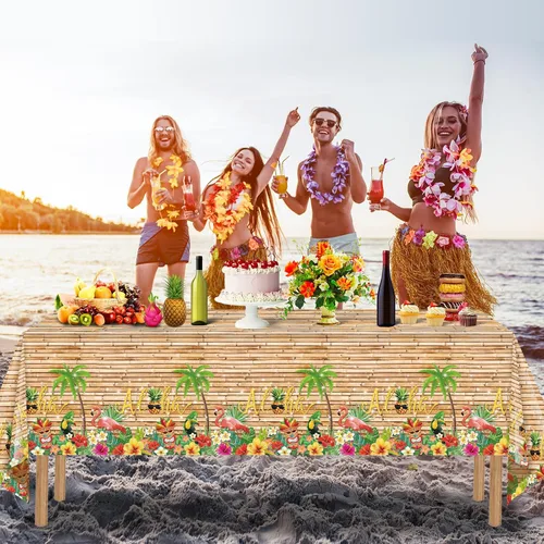 Miniatura 7 de Mantel hawaiano Luau de 3 piezas, mantel para fiesta de Tiki tropical, mantel rectangular desechable de plástico para Tiki Bar Tropical, verano