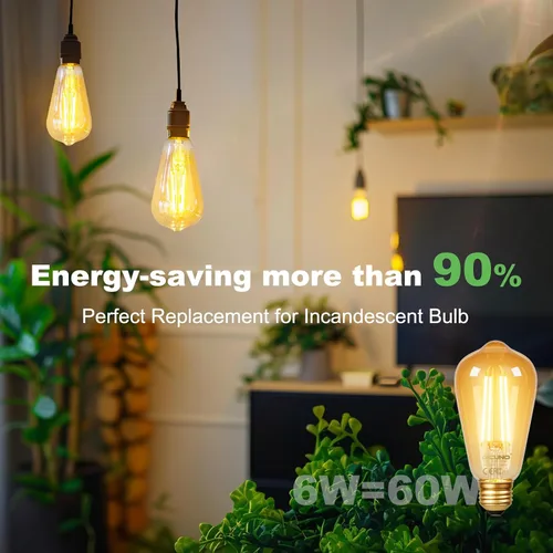 Miniatura 3 de DiCUNO Bombillas Edison E26 de 60 W, 2200 K ámbar cálido, bombilla LED Edison de 6 W ST64, vidrio ámbar, luz LED vintage para el hogar, 600 lm,