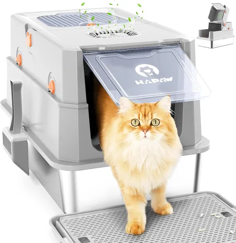 Miniatura 10 de Caja de arena de acero inoxidable con tapa, caja de arena metálica cerrada anti-fugas, bandeja de arena para gatos extra grande con tapa abatible