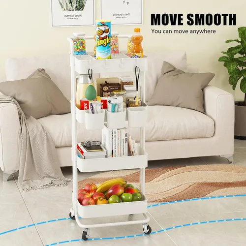 Miniatura 3 de Devo Carrito con ruedas de 4 niveles, carrito de almacenamiento resistente, con asa, 4 ganchos laterales, 2 tazas de almacenamiento y ruedas