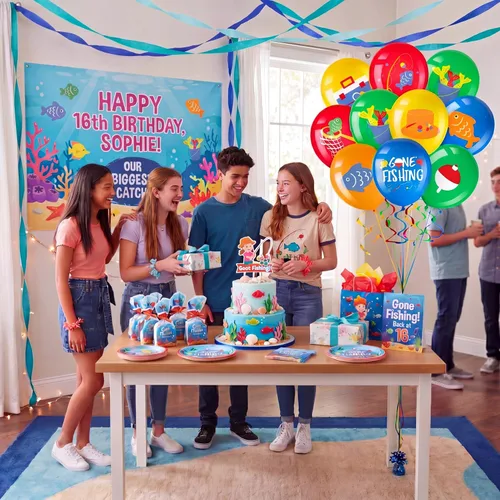 Miniatura 4 de Zomiboo 36 globos de cumpleaños de pesca, globos de látex de 12 pulgadas, decoraciones de fiesta de pesca para O-fishally un cumpleaños, baby