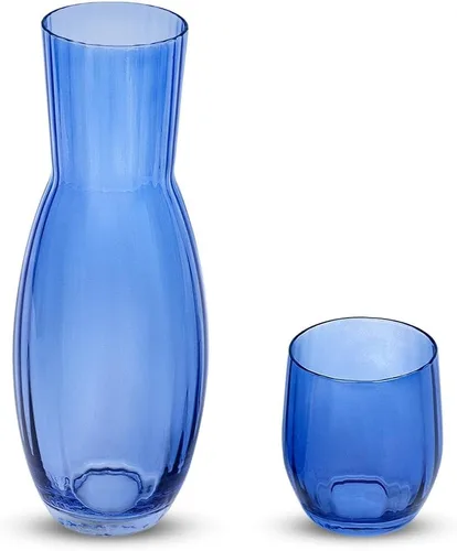 Miniatura 2 de American Atelier Jarra de agua de noche de 40 onzas con vaso – Jarra de noche de vidrio acanalado de 2 piezas con tapa para mesita de noche, Azul