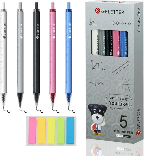 Bolígrafos de gel con escalas de regla en el cañón, 5 piezas de 0.5mm, bolígrafos retráctiles de punta fina para escritura y dibujo precisos, tinta