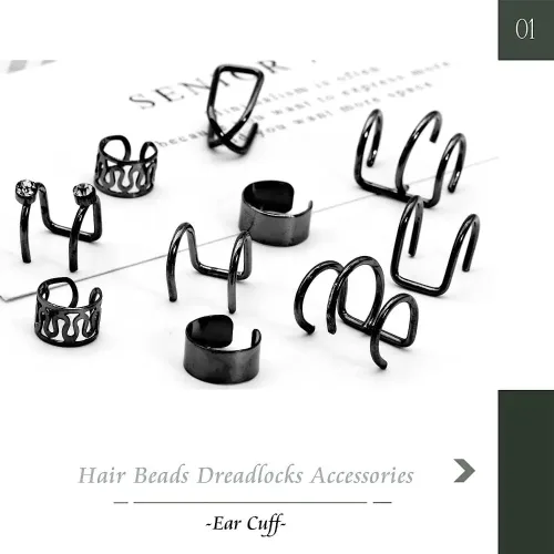 Miniatura 7 de 12 piezas de trenzas de pelo negro, rastas de metal con diamantes de imitación de cristal, clips de trenza no perforantes, para mujeres y hombres