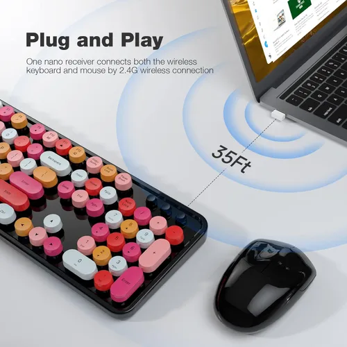 Miniatura 173 de KNOWSQT Combo de teclado y ratón inalámbrico, teclados lindos de tamaño completo estilo máquina de escribir 2.4G azul colorido - receptor USB Plug