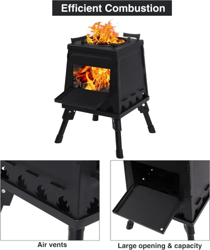 Miniatura 5 de Estufa de Campamento de Quema de Madera Lineslife, Estufa de Camping de Hierro Fundido Portátil, Estufa de Leña Negra con Estuche de Transporte
