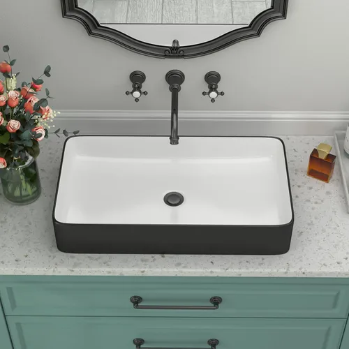 Miniatura 2 de Fregadero de baño de porcelana de cerámica rectangular de 24 x 14 pulgadas sobre mostrador, lavabo de arte blanco y negro