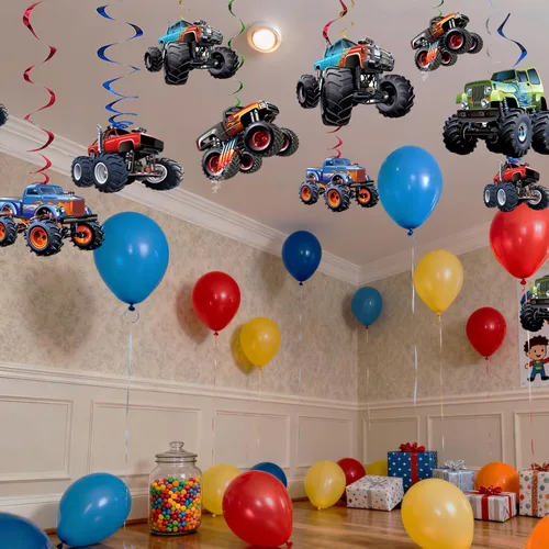 Miniatura 4 de Juego de remolinos colgantes de camión monstruo, 50 unidades, camión monstruo, fiesta de cumpleaños, decoración para colgar, suministros de fiesta