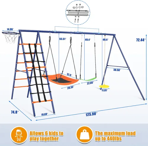 Miniatura 6 de Juego de columpios para patio trasero - Juego de patio de juegos 6 en 1 de servicio pesado de 550 libras, columpio platillo mejorado para niños al