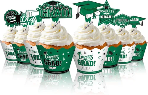Lincia 96 Pcs 2026 Graduation Cupcake Toppers 2026 Graduation Cupcake Liners Decorations with Picks, Grad Party Supplies Cake Topper and Green