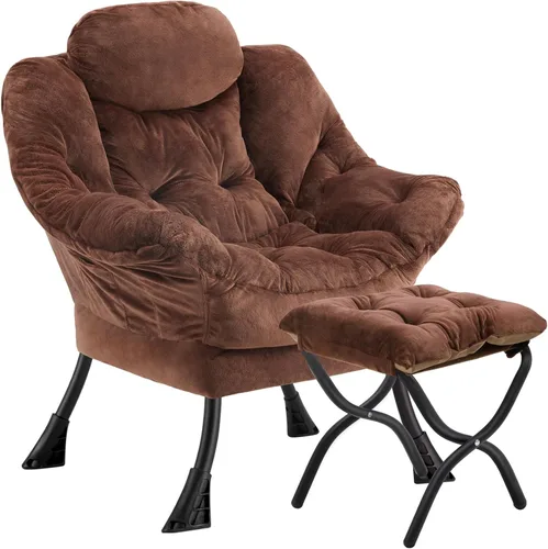 Miniatura 17 de Silla perezosa con otomana plegable, sofá de ocio, sillón de tela suave con reposabrazos y bolsillos laterales, silla de lectura con reposapiés