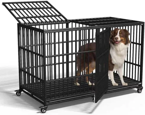Miniatura 5 de Jaula de perro resistente de 64 pulgadas para perros indestructible, jaula de alta ansiedad con puertas dobles para razas gigantes extra grandes