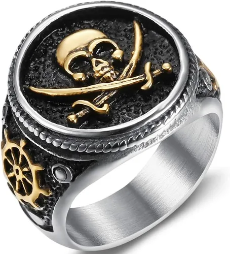 Jude Jewelers Anillo de acero inoxidable antiguo con diseño de calavera pirata para Halloween, cóctel, fiesta, motociclista